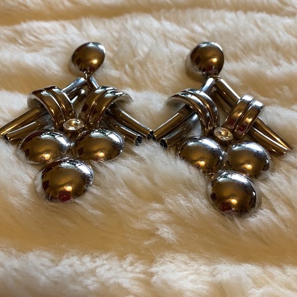 Vintage 80s silver tone and crystal jewel big flashy statement earrings - Picture 5 of 7